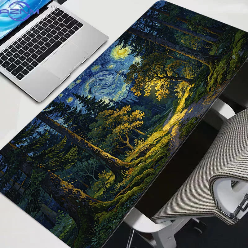 Nocturnal Seascape Mouse Pad Waterproof Non‑Slip Starry Sky Mountain Sea Golden Highlight Oil Painting Print Mousepad
