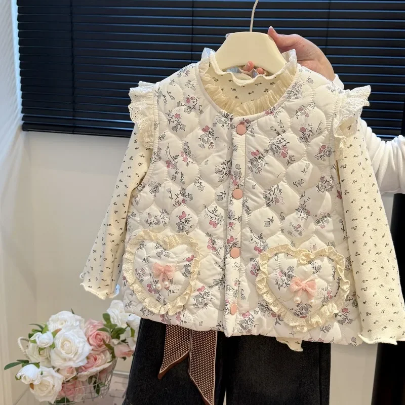 UNITIM Herbst Winter Kinder Mädchen Weste 2-8 Jahre Mädchen Blumendruck Ärmellose Jacke Lose Verdickte Warme Kinder Mädchen Oberbekleidung – Detail 1