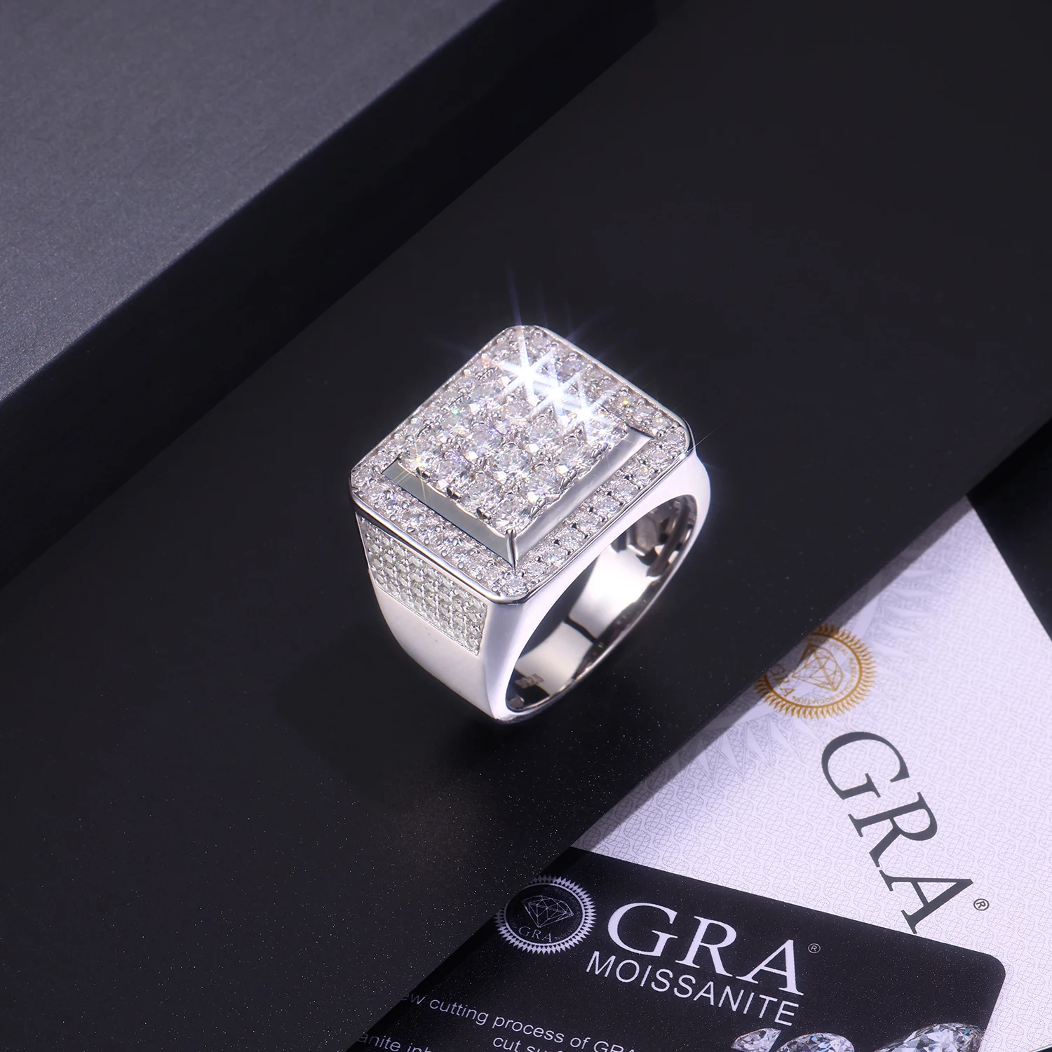 JIUZUAN Full Moissanite Men's Ring Hip Hop 925 Silver 18K Gold Plated Pave Jewelry Gift Comes with GRA Certificate