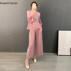 Spring/winter 2024 Pleated High-end Temperament Fashion Set Bubble Sleeve Round Neck Top+wide Leg Pleated Pants Two-piece Set