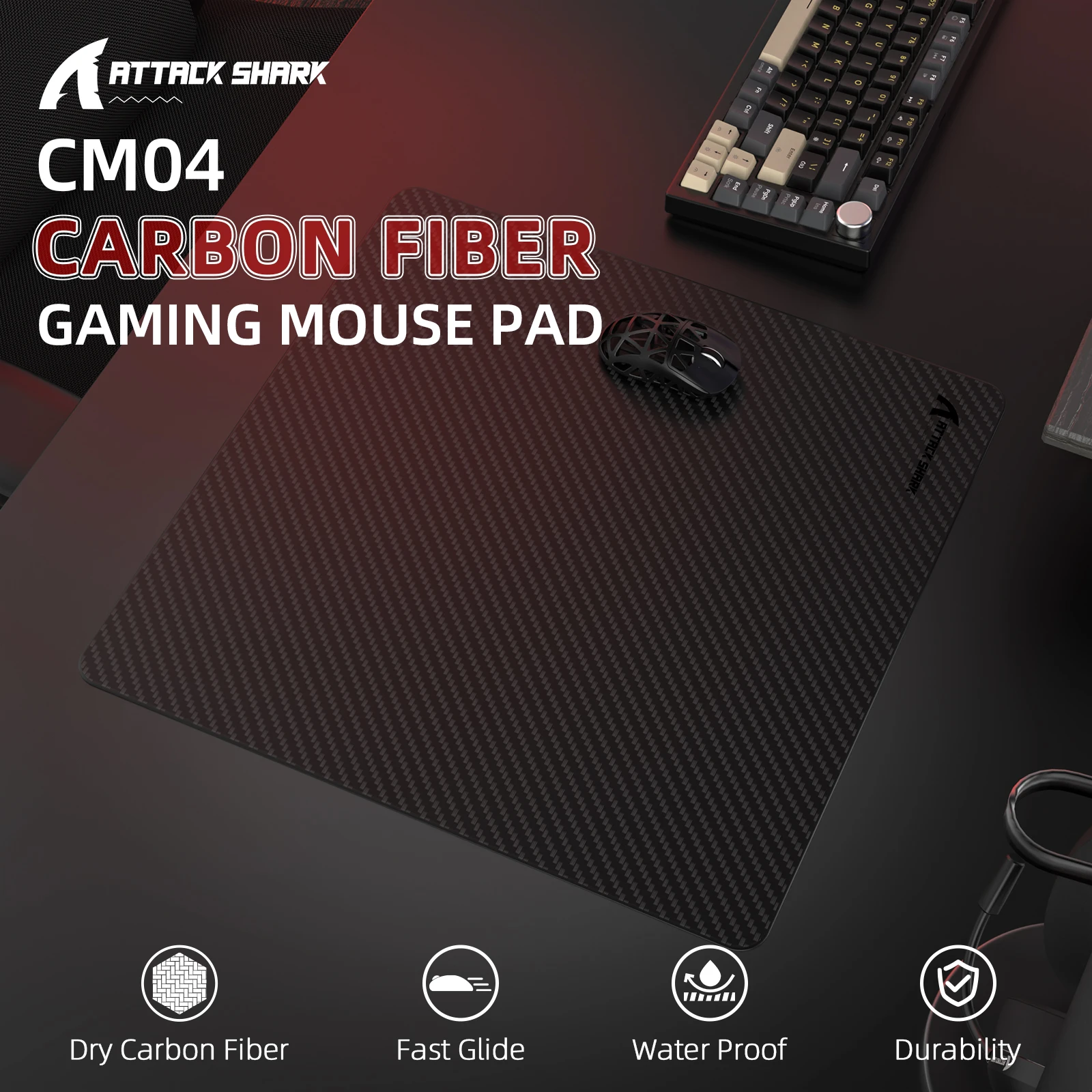 Attack Shark CM04 Genuine Carbon Fiber eSport Gaming Mousepad, High Strength, Smooth Surface, Low Friction, All Non-slip Base