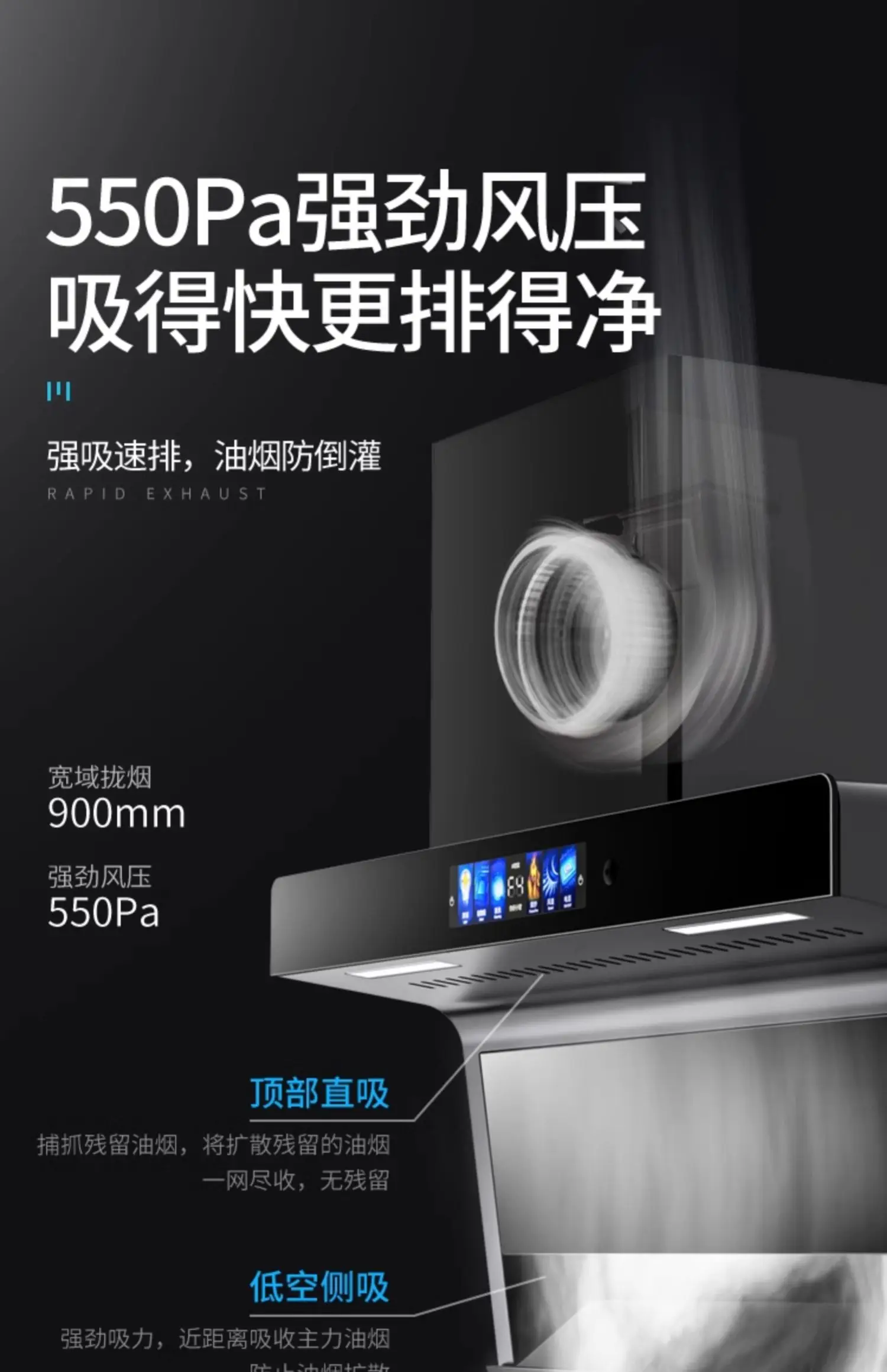 220V HP Goodwife Range Hood 7 Shape Kitchen Strong Suction Top Side Dual Ventilation DC