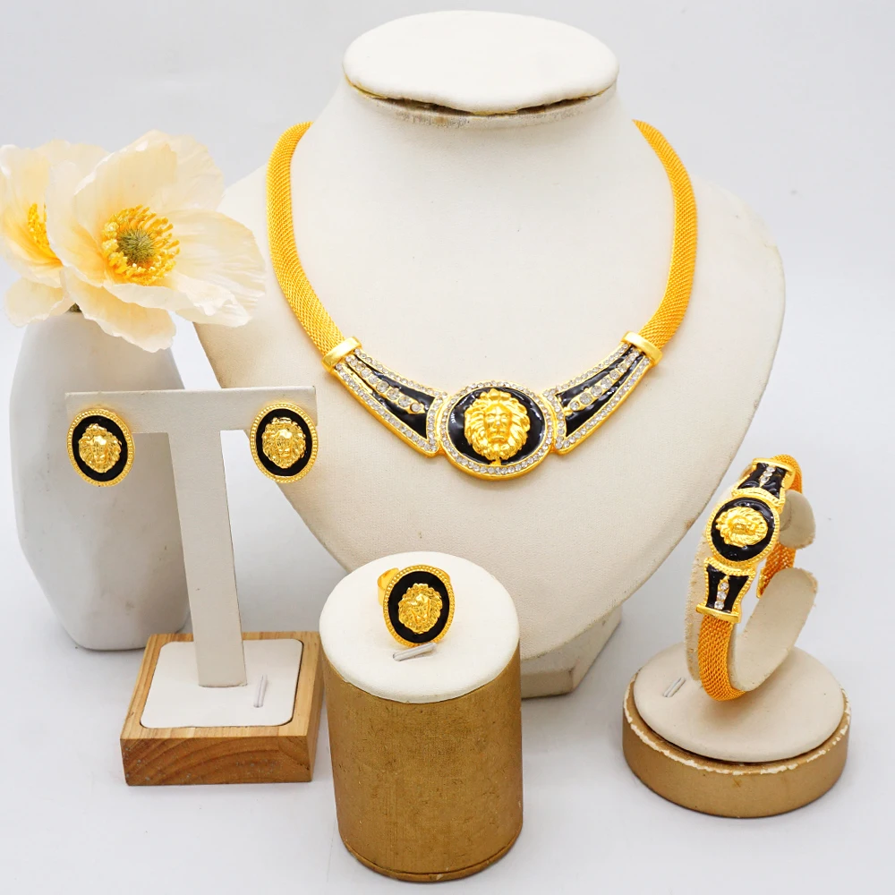 Fashion animal lion head gold plated jewelry set women\'s banquet wedding bride necklace set accessories