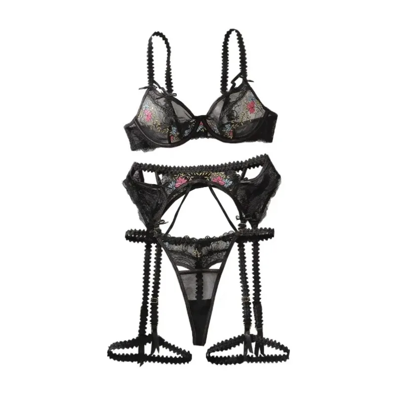 

Новинка 2025 года, элегантный комплект из 3 предметов с цветочной вышивкой, прозрачное корректирующее белье на косточках, черное сексуальное женское белье, летние комплекты с разрезом