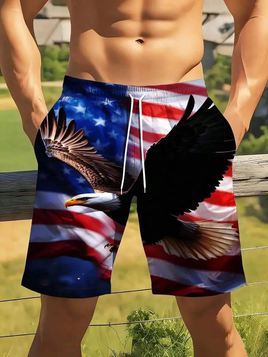 

American Flag Eagle Print Swim Trunks For Men Patriotic Beach Shorts Summer Outdoor Wear
