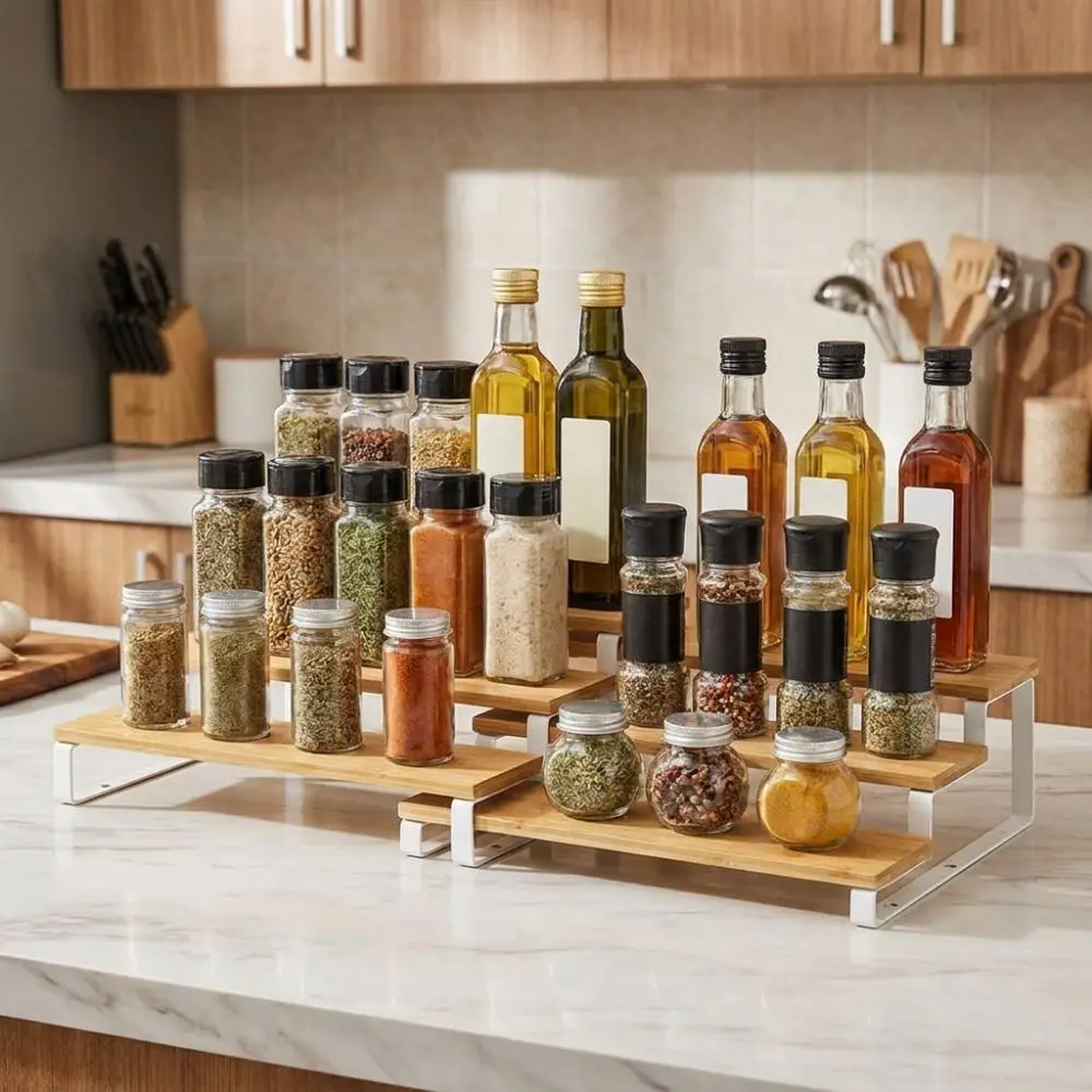 Bamboo 3 Tier Spice Rack Large Capacity Detachable Expandable Step Storage Rack Space Saving Spice Condiment Shelf Bathroom