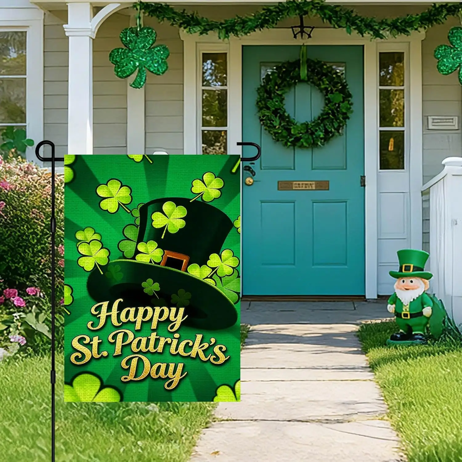 IVN St. Patrick's Day Garden Flag 12 x 18 Inch Yard Flag Double Sided Burlap Green Clover Leprechaun Hat Pattern Decorat jjp