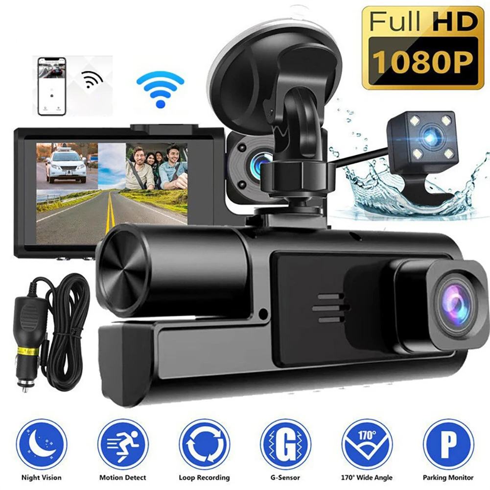 

3 Channel WiFi Car Dash Cam Front And Rear Inside 1080P Triple Car Camera Dashcams With Parking Recording Loop Recording