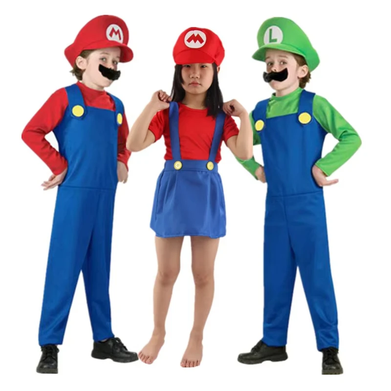 Child Super Mari Bros Cosplay Costumes Kids Anime Fantasy Romper Boy Girl Halloween Party Long Sleeve Dress Hat Costume