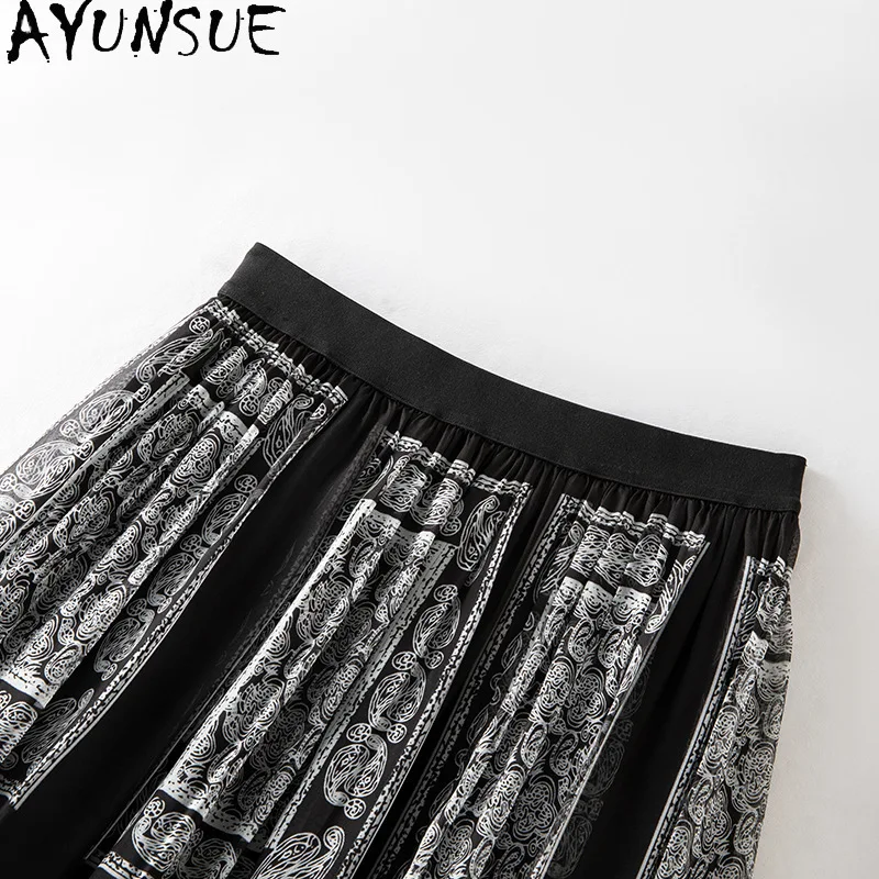AYUNSUE Real Silk Women's Skirts Stylish Printed Skirts for Women Black&white Flowing Summer Skirt Woman Clothes Юбка Женская