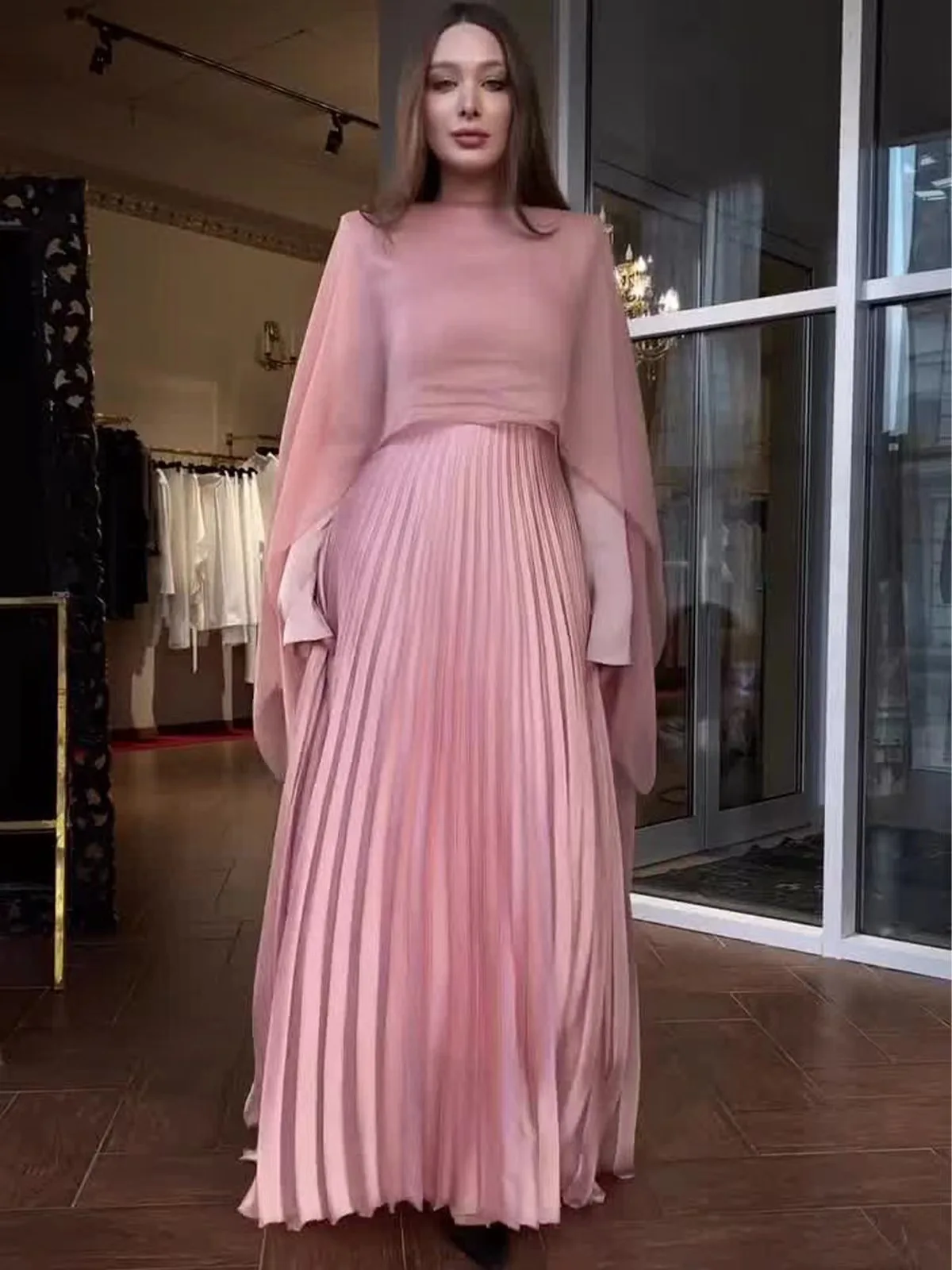 Ele Pink مطوي طويل Sve Dr الخصر Cinched ألف خط صورة ظلية للتنقل ودية جولة Ne ثوب الخصر العالي