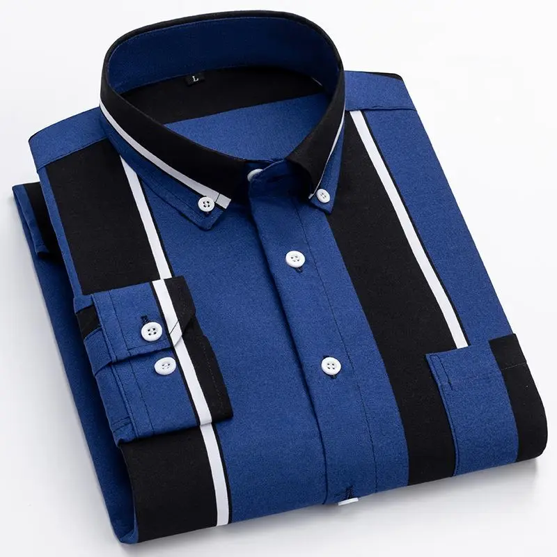 Y2k Spring and Autumn Men\'s Striped Shirt Long Sleeve Business Casual Square Collar Regular Fit Anti-wrinkle Pocket Male Shirt