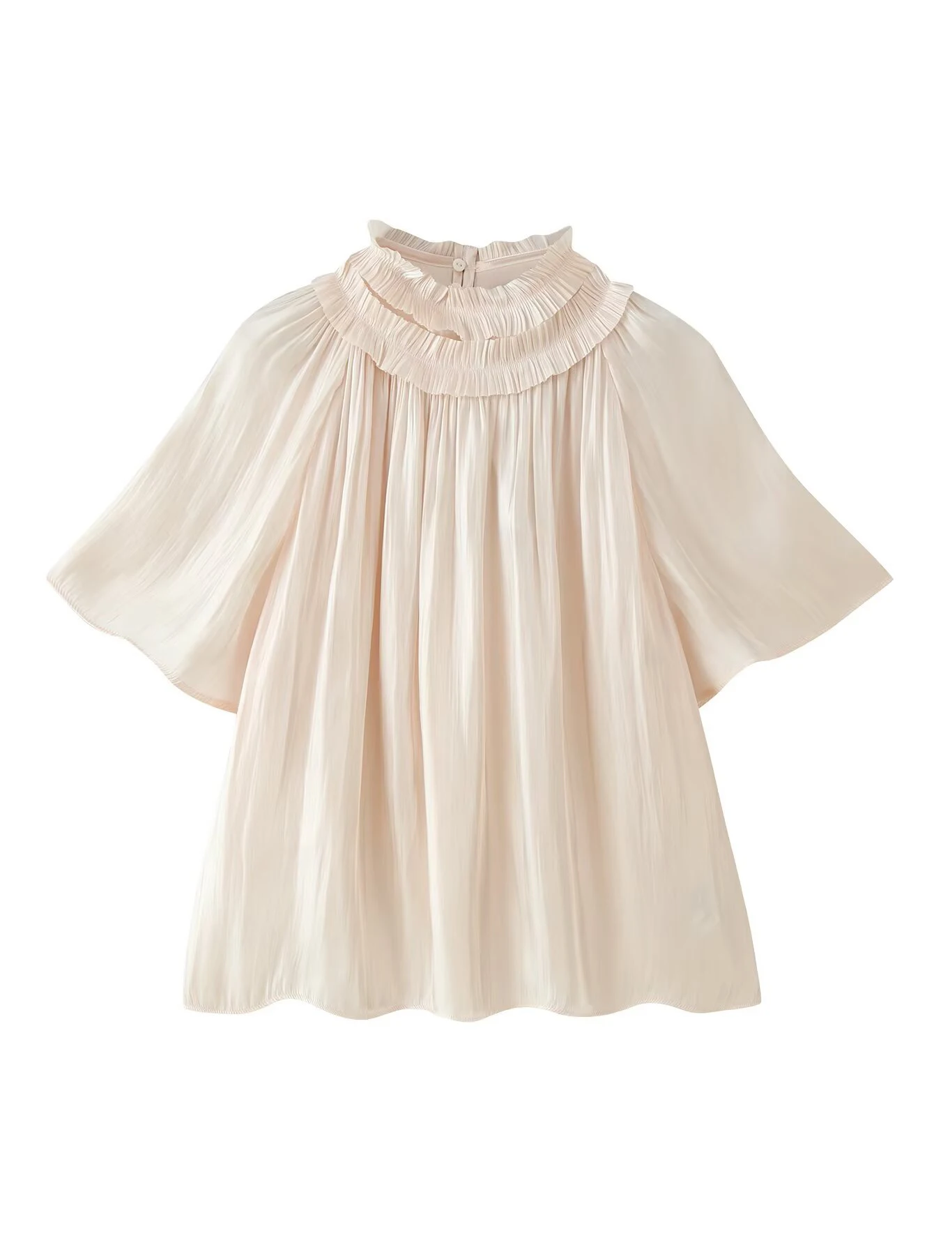 Early autumn new product women's French loose short sleeved round neck pleated glossy effect shirt top