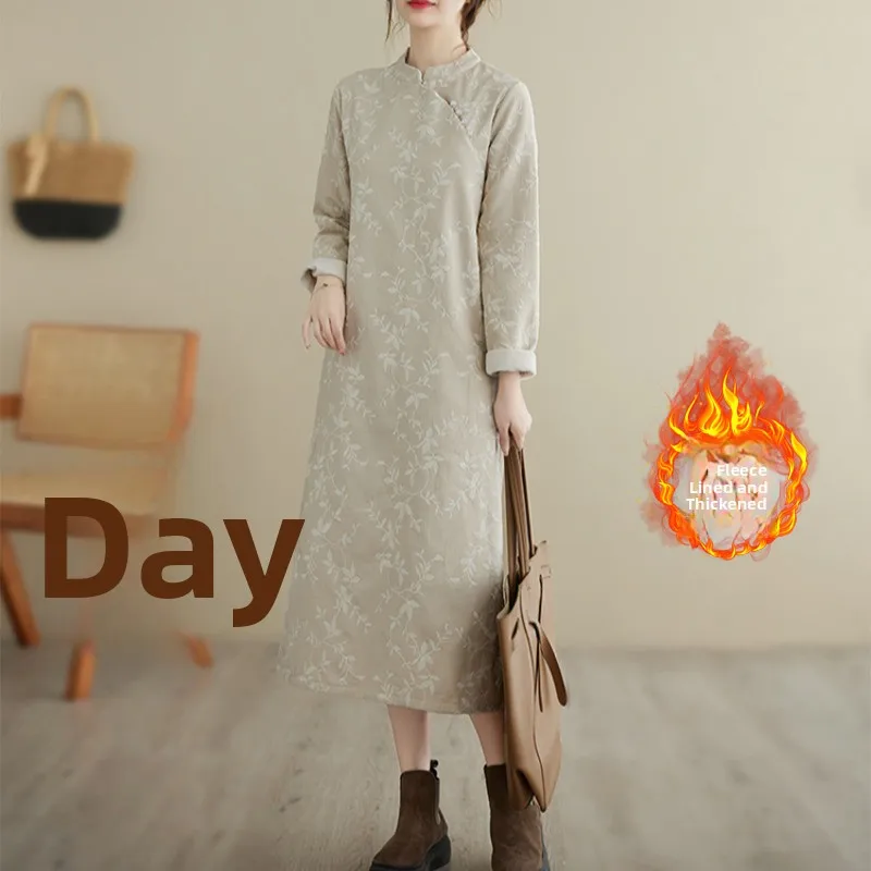 

Thiened Long Cotton T Dr with Embroidery And Fce for plus Size Women Stand Collar Chinese Side Slit