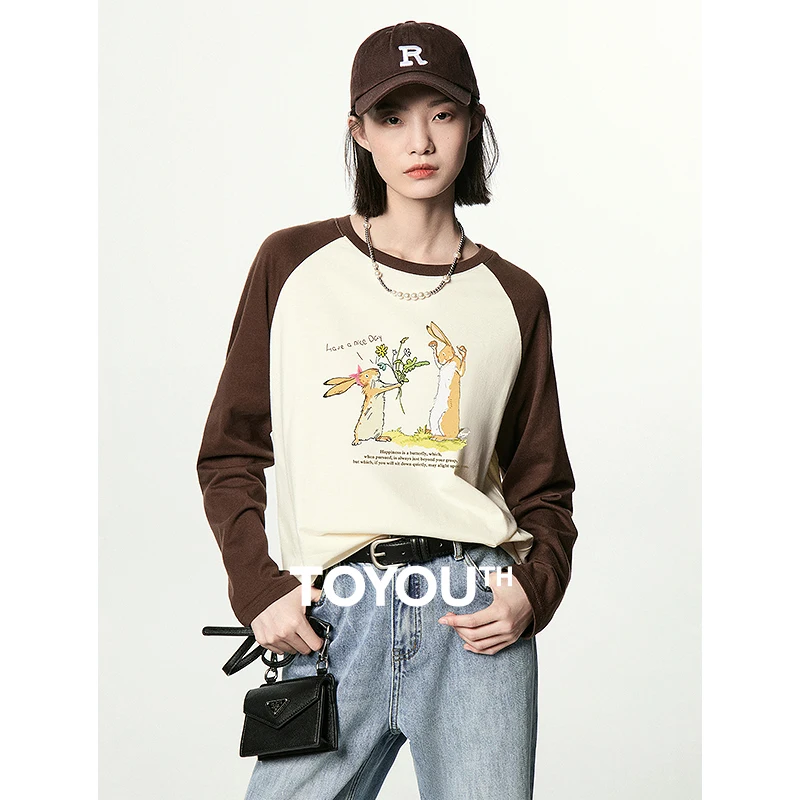 Toyouth Women Tees 2023 Winter Contrast Raglan Sleeve O Neck Loose T-shirt Hand Painted Rabbit Print Cute Versatile Tops