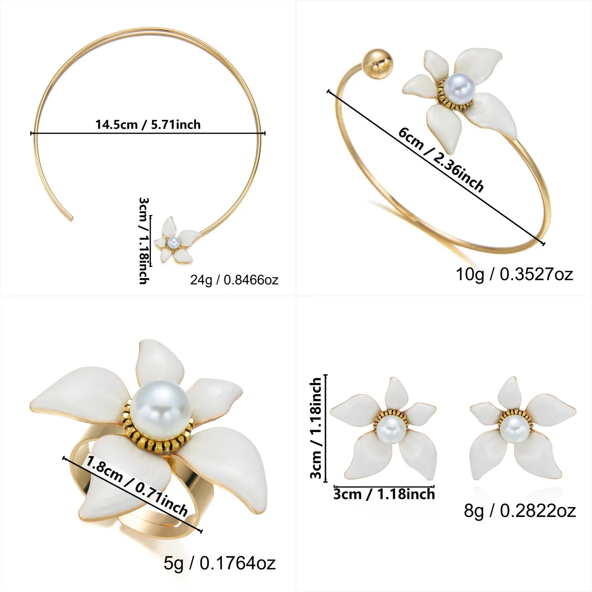 Exquisites Weißes Emaille-Blumen-Armband und Halskette für Damen, Eleganter Perlen-Blumen-Choker, Ring, Modischer Luxus-Schmuck als Geschenk – Detail 8