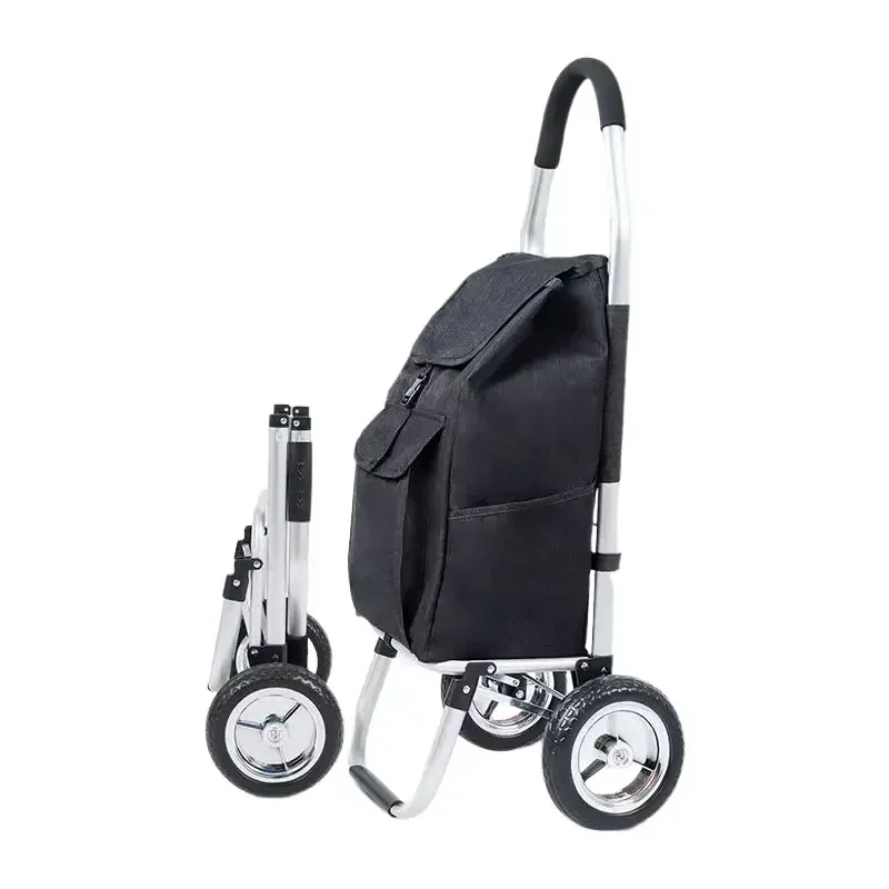 Two Wheeled Folding Small Cart, Portable, for Grocery Shopping, Aluminum Alloy Frame, with Bag, Outdoor Use