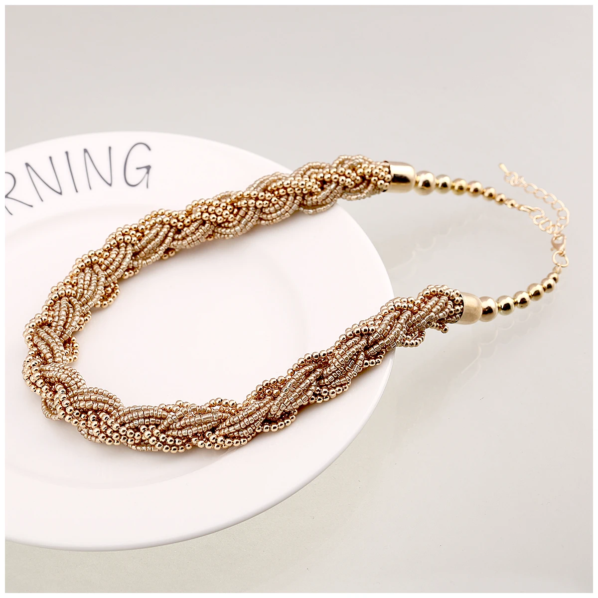 New Gold Color Small Beads Handmade Stranded Wrapped Statement Choker Necklace for Women Girls Party Wedding Jewelry