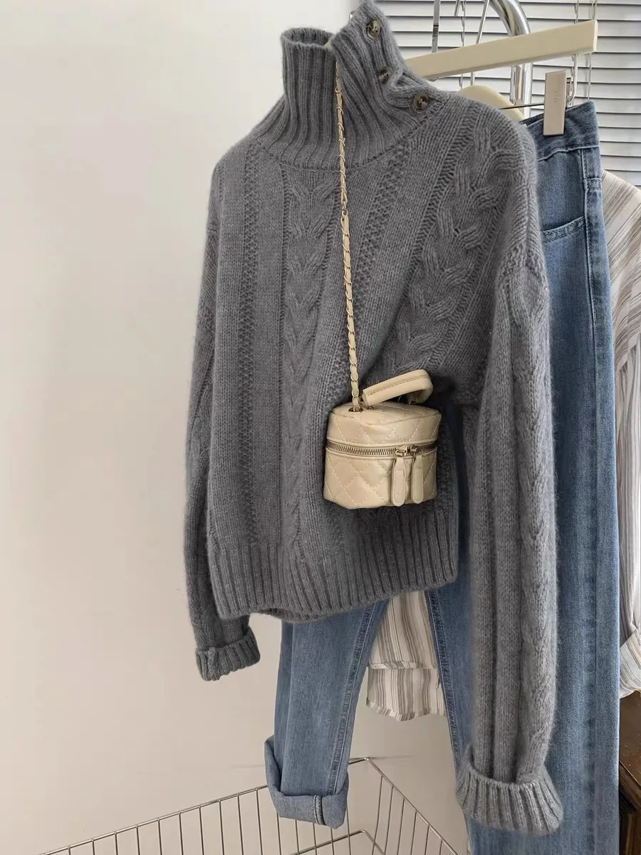 Women's 100% Merino Wool Turtleneck Pullover Sweater Oversize Loose Simple Cashmere Knitwear for Autumn Winter Top