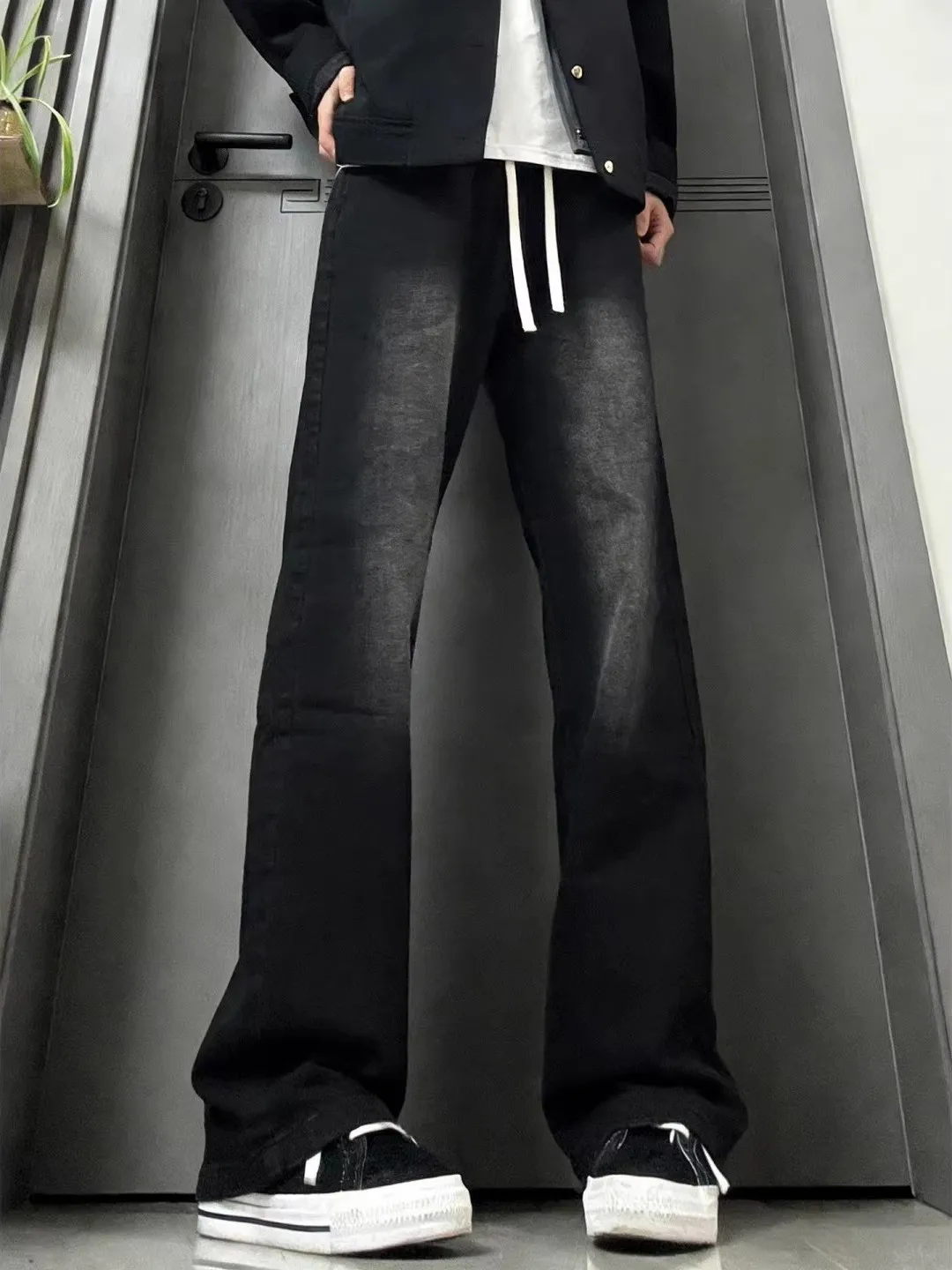 

Мужские джинсы в американском ретро-стиле с эластичным поясом, осенне-зимние, зауженные, длинные брюки, широкие брюки с микро-клешем