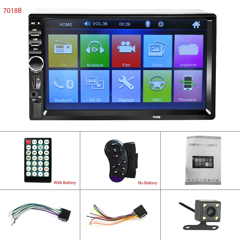 2-Din 7-Inch HD Touch Screen Car Video Multimedia MP5 Player, FM/USB/AUX, 7018B with Remote Control, Amplifier & SD Card