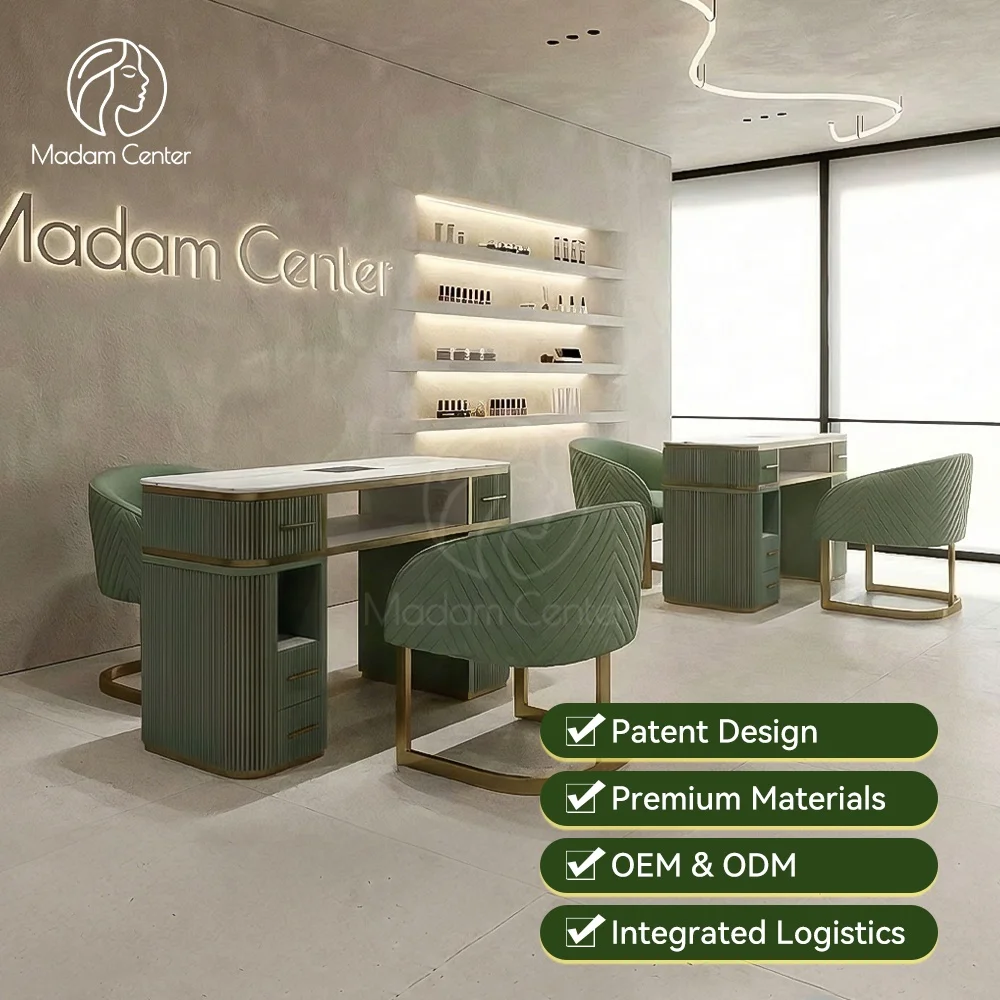 Madamcenter Modern Marble Top Double Seated Luxury Design Manicure Nail Desk Salon Furniture Professional Nail Station