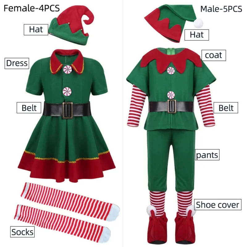 Disfraz de Papá Noel de Navidad para niños y niñas, conjunto de ropa de disfraz de elfo verde, vestido de fantasía para fiesta familiar de Navidad y Año Nuevo para hombres y mujeres