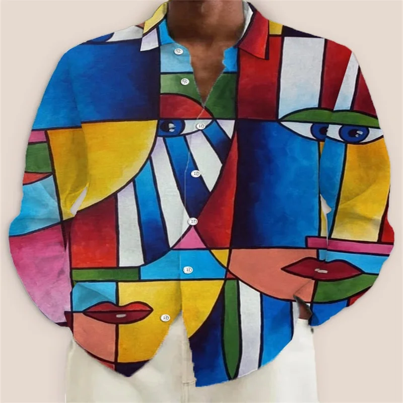 2025 New Men's 3D Art Painting Fashion Print Single Breasted Long Sleeve Shirt Casual Shirt Men's Loose Lapel Long Sleeve