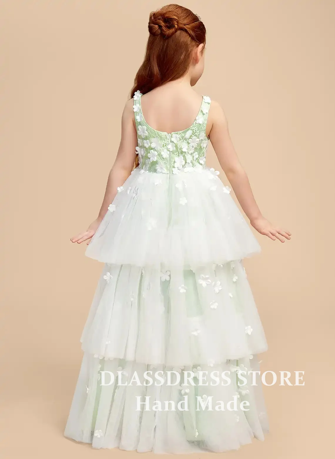 Customized Lime Green Tiered Ruffles Tulle Flower Girl Dresses With 3D Flowers A-Line First Communion Dress Birthday Gowns