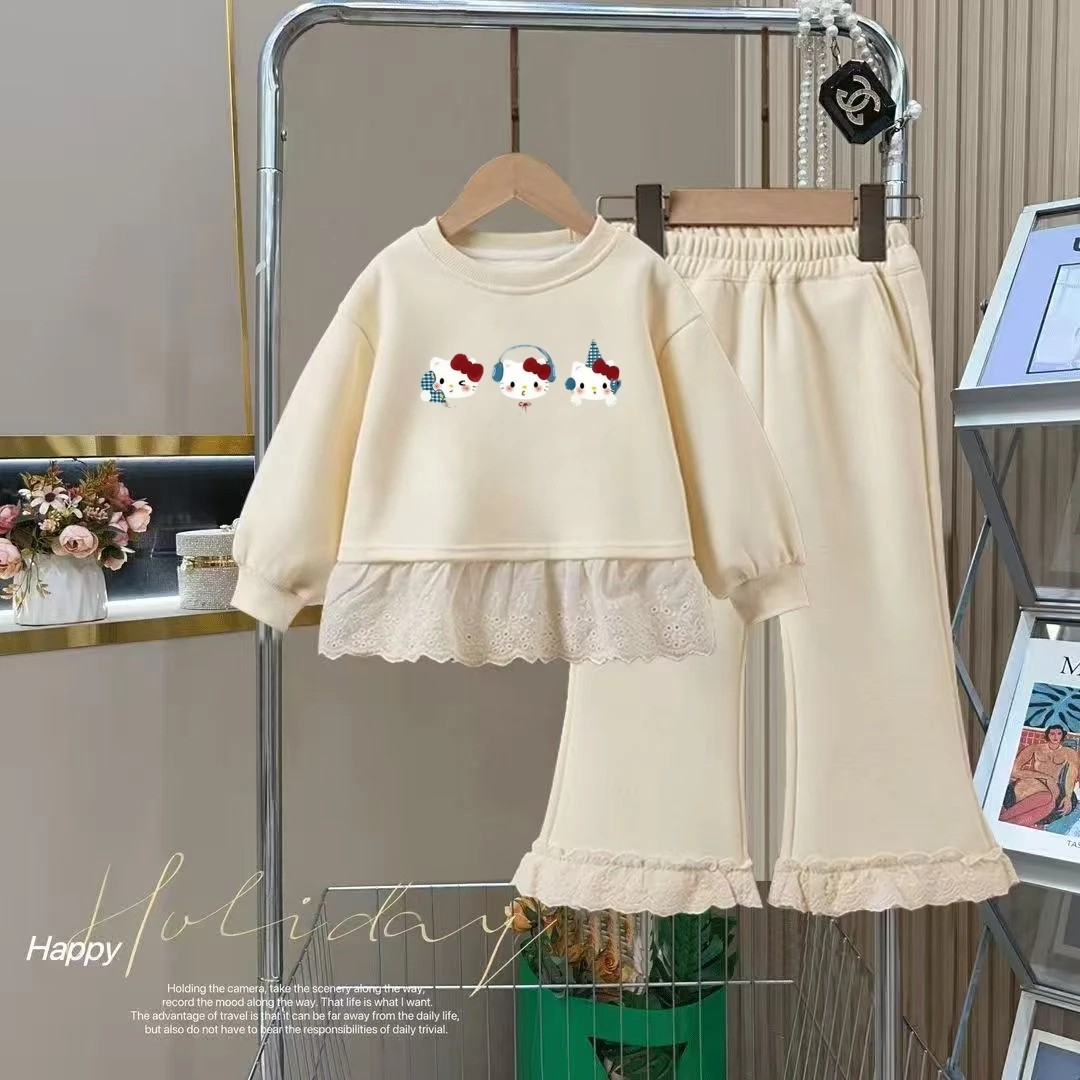 فتاة الملابس مجموعات الخريف طفل مرحبا كيتي بلوزات البلوز الدانتيل تقليم بلوزات وسراويل 2 قطعة دعوى الأطفال الحلو رياضية وتتسابق #6