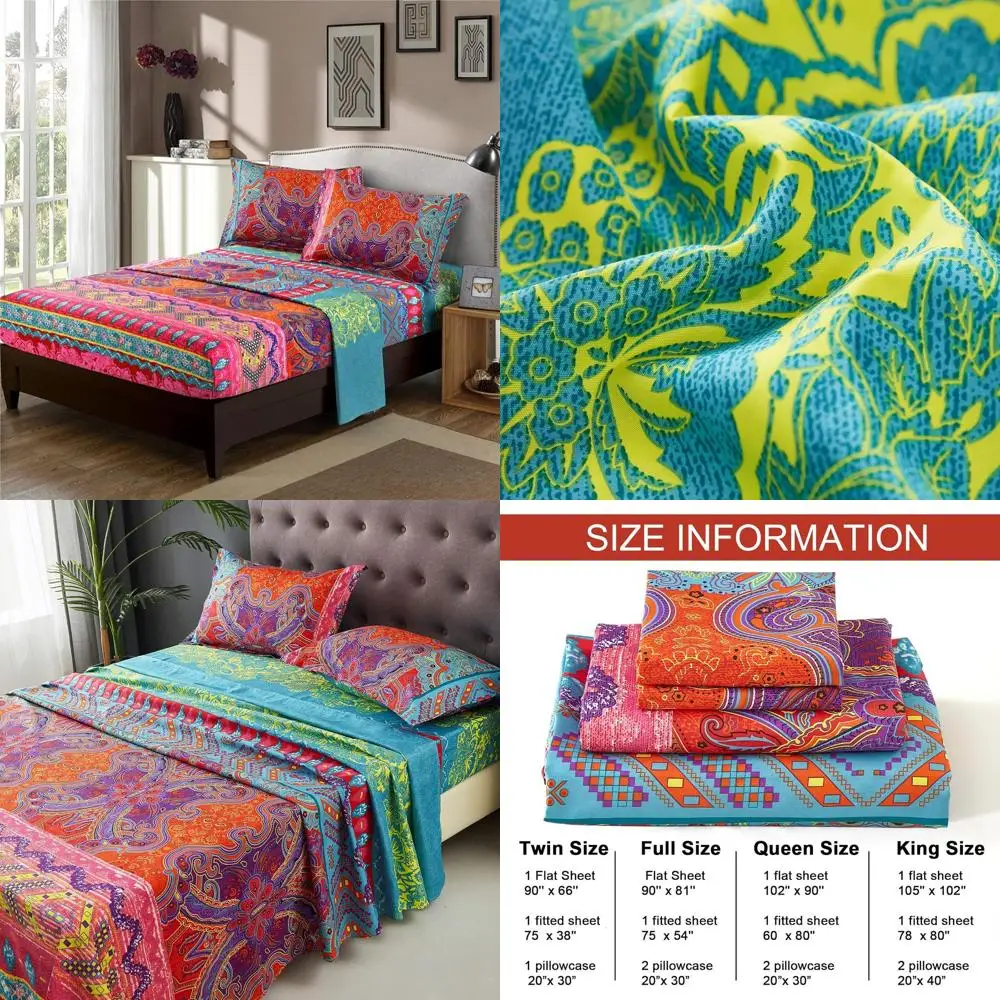 

King Size Bohemian Tribal Bedding Set - 4-Piece Colorful Aztec Sheets with 14 Pocket & Soft Microfiber