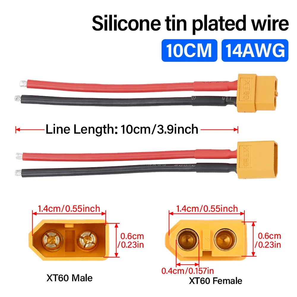 XT60 Battery Connector Male & Female Plug with 10cm14 AWG Silicone Wire for RC Airplane Quadcopter Lipo Battery ESC FPV Drone