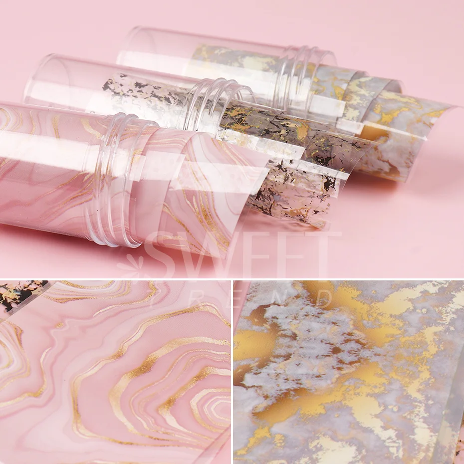 3 Box Pink Marble Nail Foil Stickers Blooming Ink Gold Foils Silk Line Decals Transfer Wraps Nail Art Decor Manicure Set SADS34