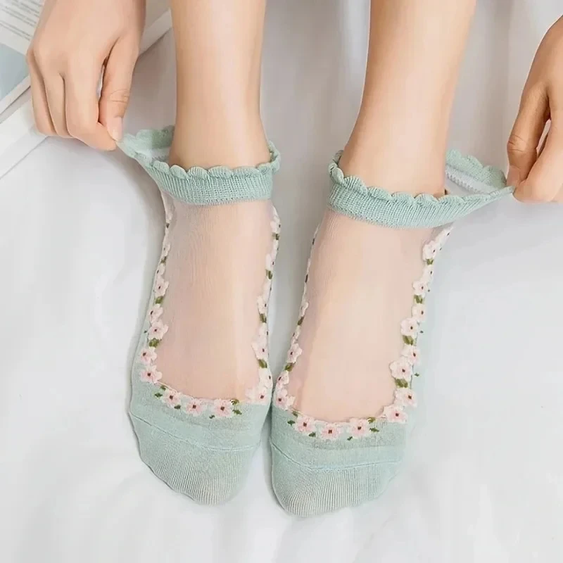 5 Pairs Breathable Short Socks Japanese Cute Little Fresh Ins Short Floral Glass Silk Women Socks Summer Thin Crystal Boat Socks