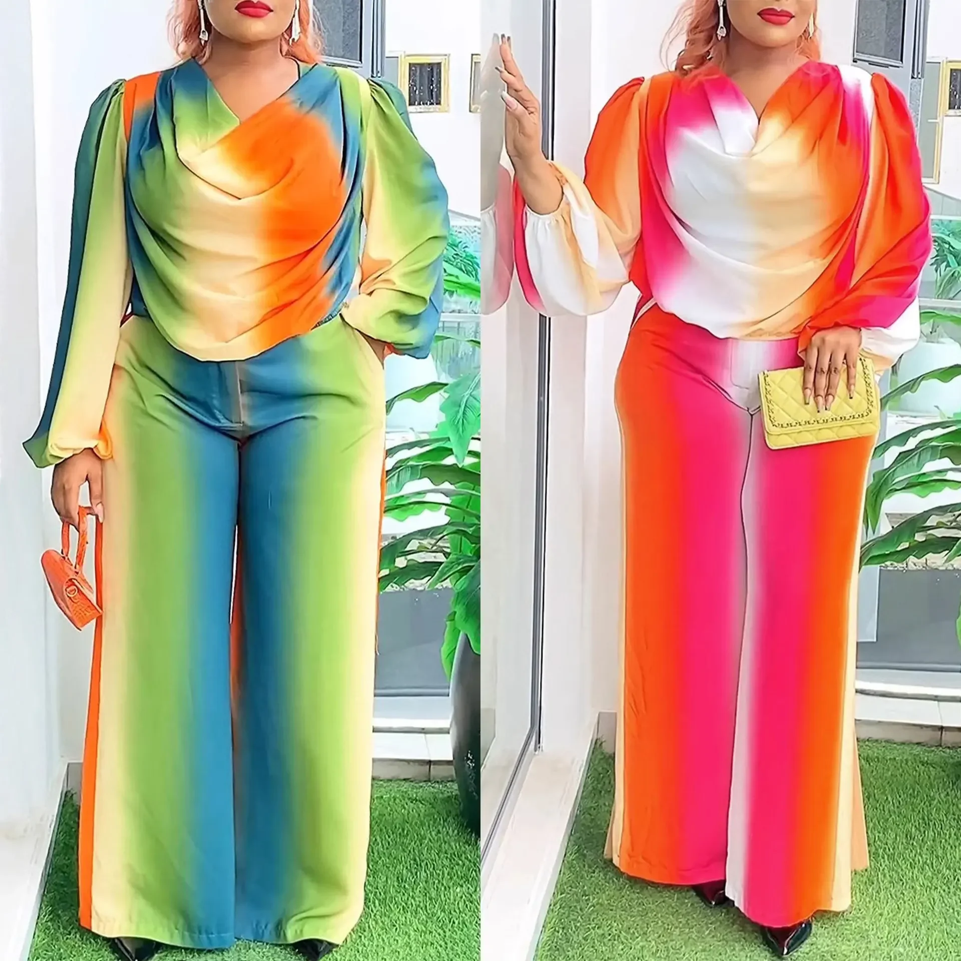 Plus Size Changing Color Casual Two Pieces Set Spring Long Sleeve Top Wide Leg Pants 2 Pieces Office Lady Elegant Oversized Suit