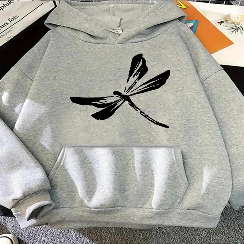 Толстовка с принтом стрекозы, повседневная толстовка с капюшоном на шнурке и карманами, осенне-зимний сезон, удобная женская повседневная одежда на каждый день