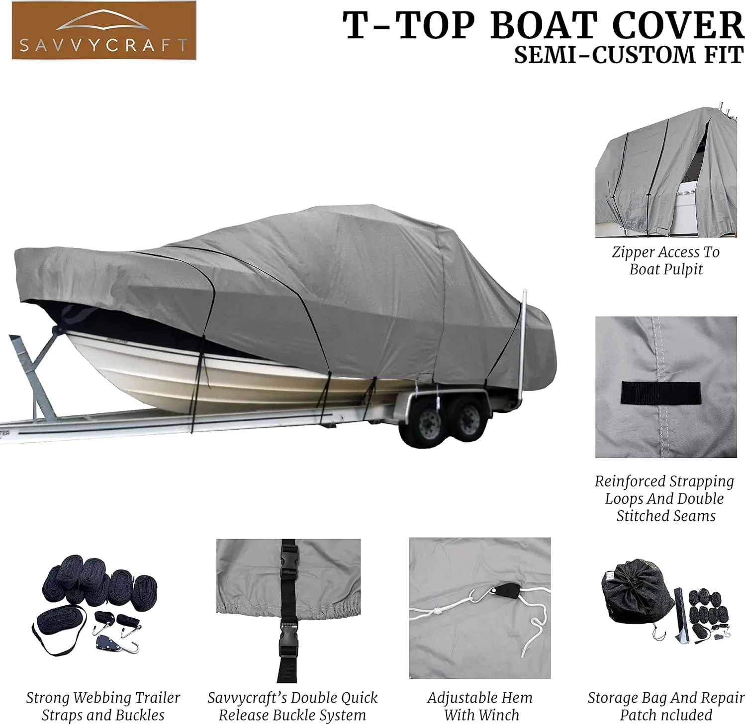 Heavy Duty Hard/T-Top Boat Cover Center Console T-Top Boat Cover Gray fits up to 18ft