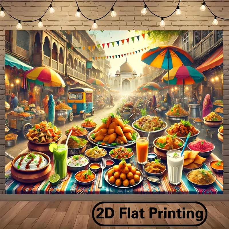 Tapiz del Mercado de Comida Callejera de la India, Fondo Colorido para Festival de Cocina, Especias, Platos, Sombrillas, Bicitaxi, Taj Mahal, Fondo 2D