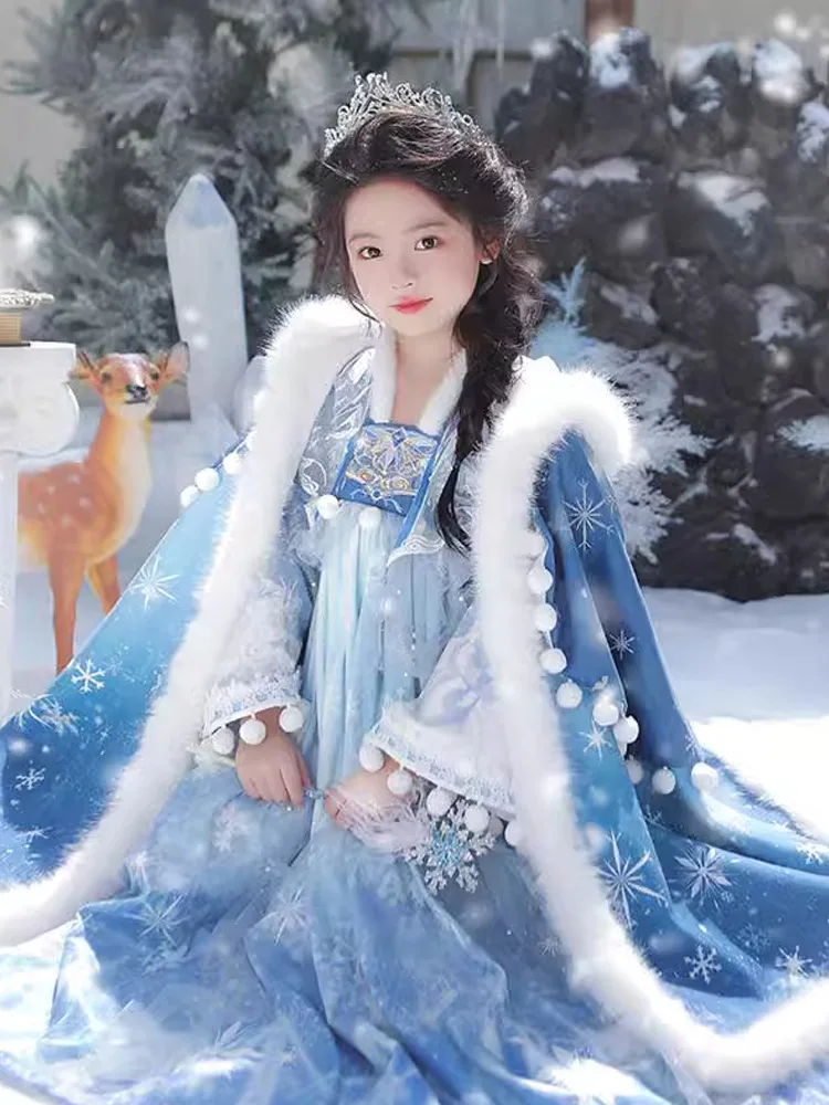 فستان مبطن شتوي دافئ للفتيات جديد لعام 2025 مع عباءة للأطفال الجنية القديمة أداء زي الأطفال بدلة تانغ ملابس السنة الجديدة