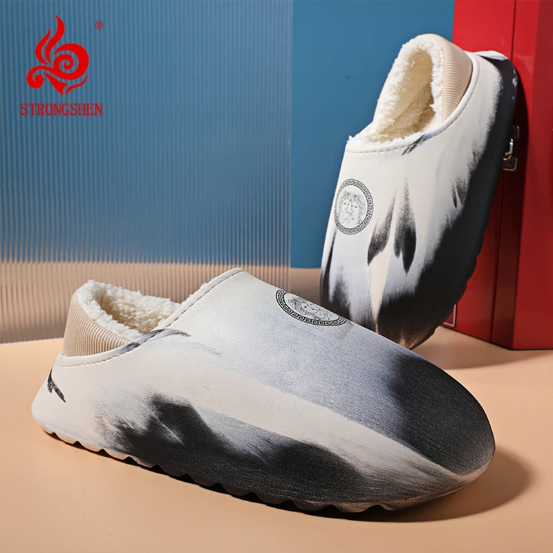 STRONGSHEN Men Women Waterproof Fur Slippers Winter Warm Plush Indoor Home Thick Sole Footwear Non-Slip High Quality Shoes