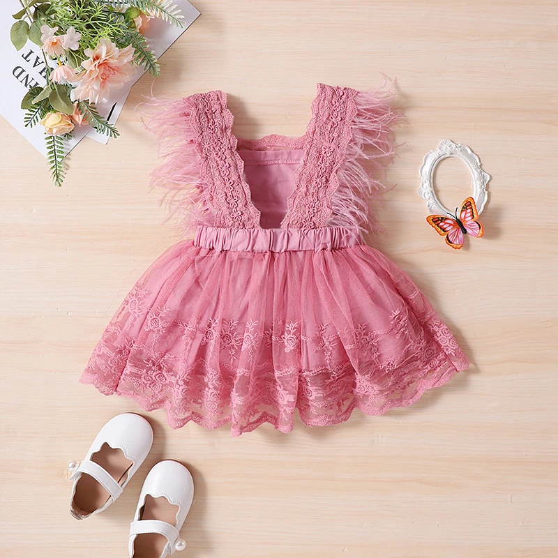 Toddler Baby Girls Lace Floral Dress Summer Feather Sleeve Princess Clothes Children Backless Embroidery Jumpsuits Outerwear