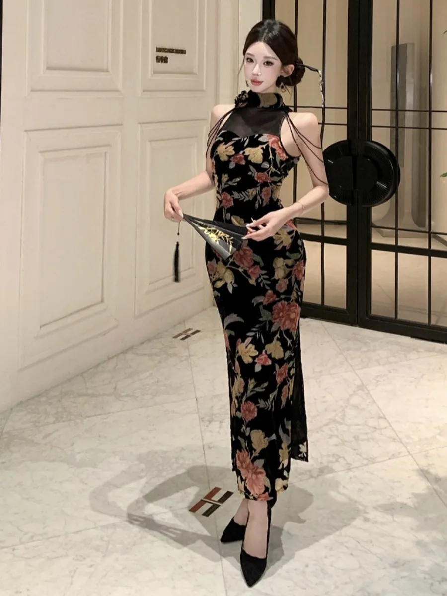 المرأة الصينية الأزهار شبكة طويلة شيونغسام الوقوف شير شرابة Bodycon الجانب الشق فستان ماكسي للإناث حفلة موسيقية المضيف فساتين أنيقة