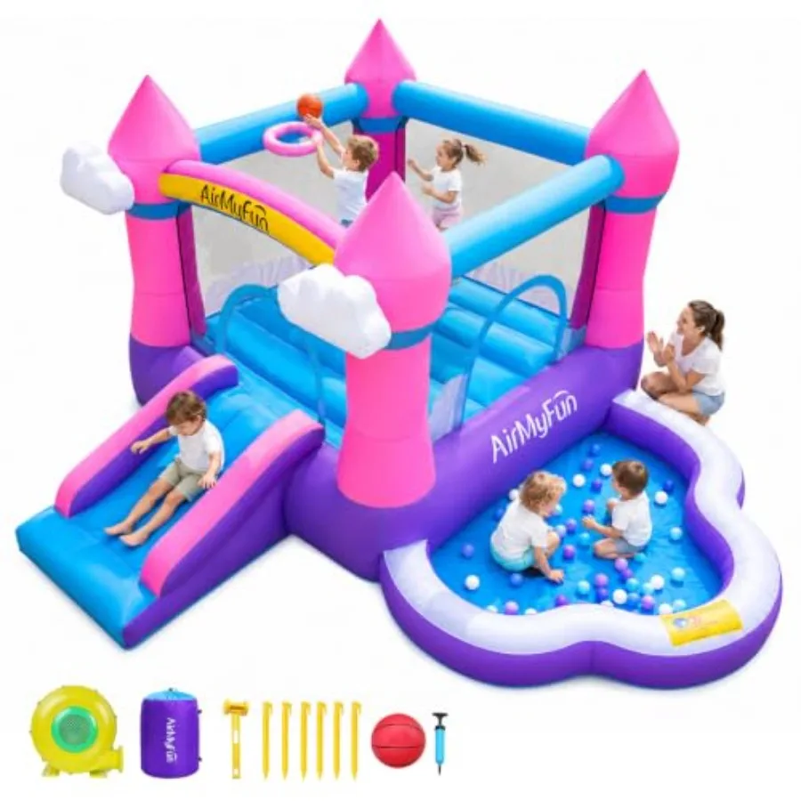 Pink inflatable bounce house for indoor/outdoor use, kids 3-8 years, with slide, blower, water pool and ball pit