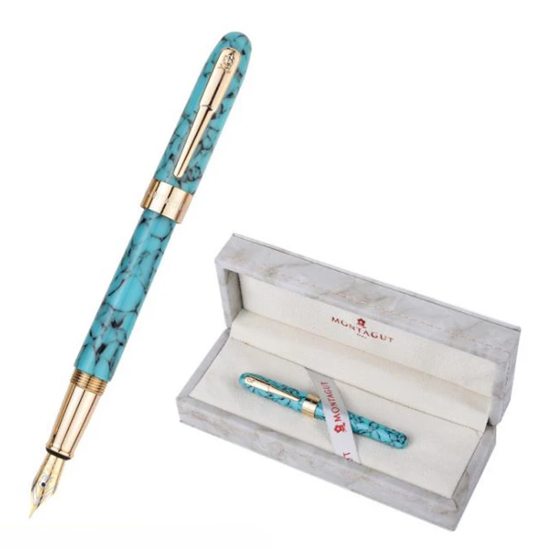 

Montagut Turquoise Marble Resin Koi Fish Pocket Size Fine 0.5mm Nib Fountain Pen Gold Trim Office School Writing With W/Box