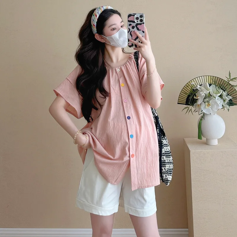 Atasan Kemeja Boneka Manis Lengan Gelembung Longgar Korea Musim Panas Hamil 2025, Celana Pendek Penyangga Pinggang Set Dua Potong