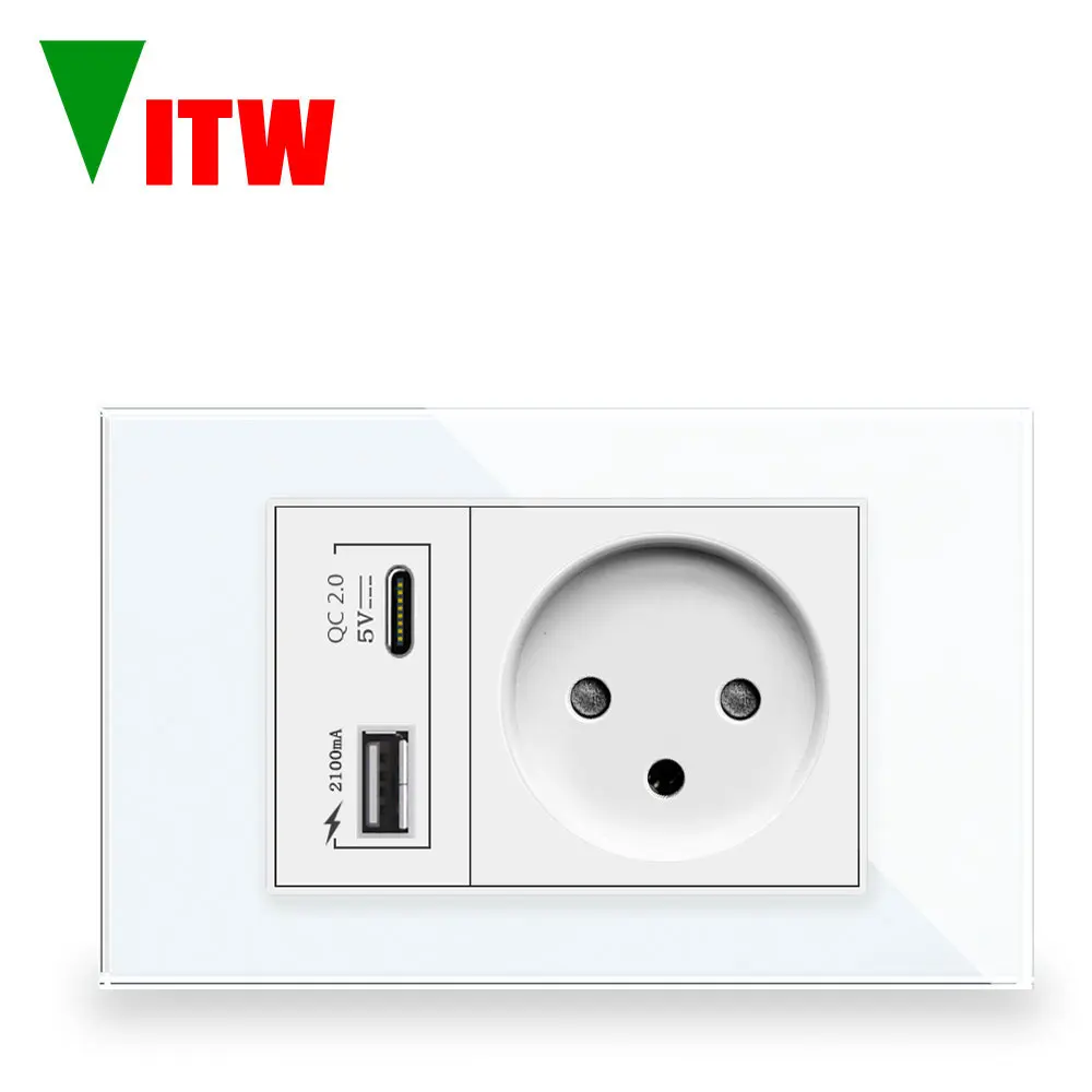 Vitw 120mm European standard power socket, H-type wall socket, Israeli socket with USB charging 2.1A interface, glass panel