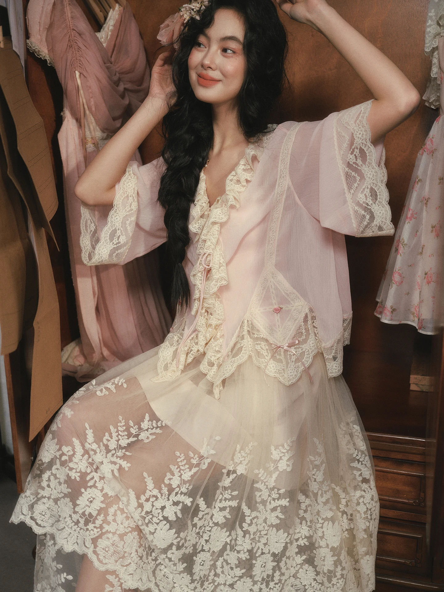 

LaceMade Gentle Pink Lace irt V-Ne Mid-Sve Women's Blouse Chiffon Open Cardigan French Sle Loose Fit Spring Faion