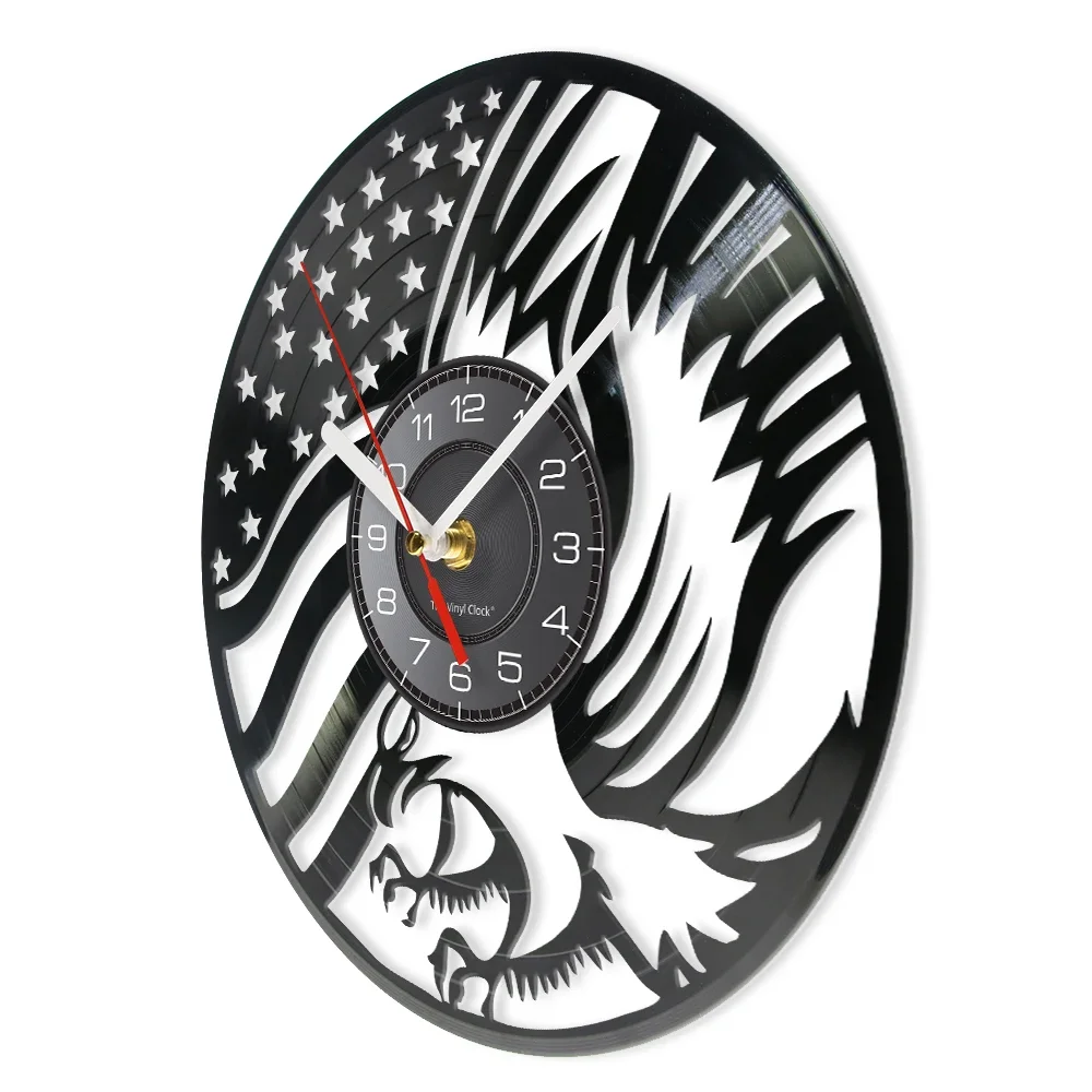 The American Flag with Eagle Vinyl Record Wall Clock Government Professional Office Wall Hanging Art Decor Silent Quartz Watch