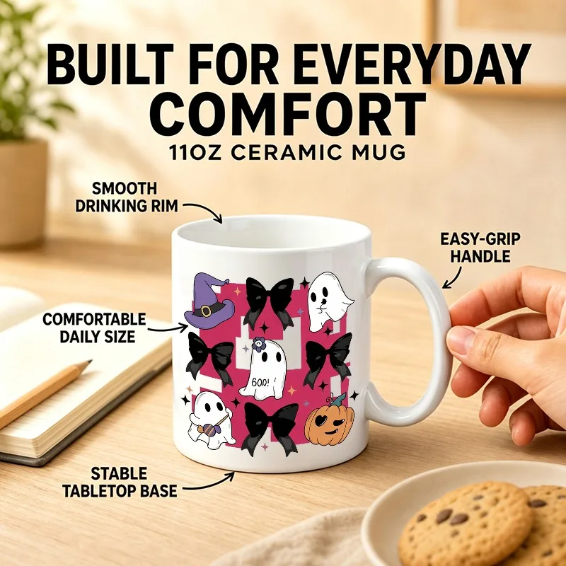 1pc 11Oz, Ceramic Coffee Mug, Pastel Halloween Bows And Spooky Ghost Pattern, Coquette Aesthetic Gift