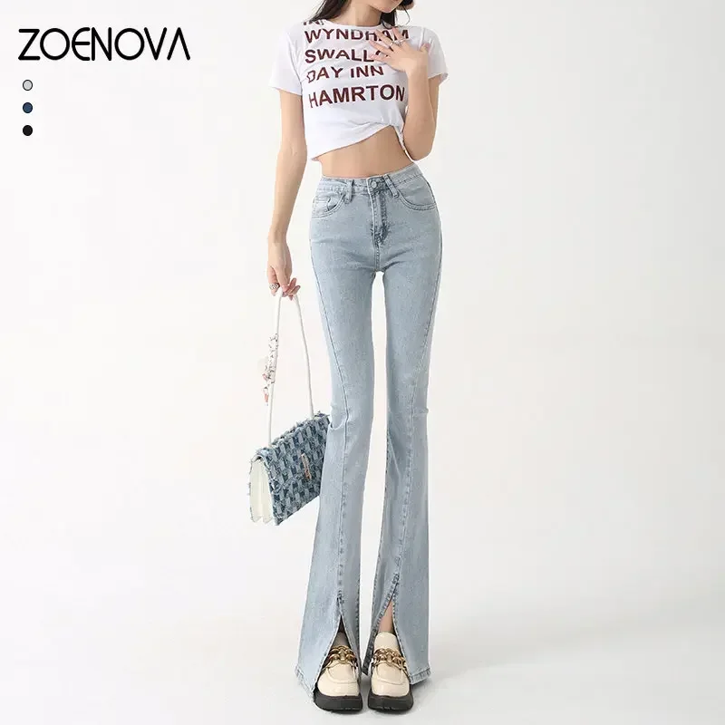 ZOENOVA Korean Style Women's Jeans Versatile Micro Horn Hem Split Full Length High Strecth Pants Versatile Loose Causal Clothes